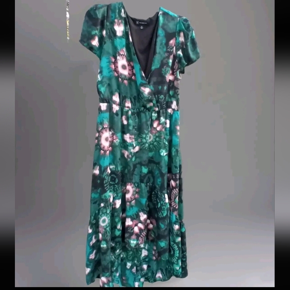 I.N.C International Dress Womens Sz 12P Green Floral Print Hi Low Short Sleeves - Picture 1 of 11